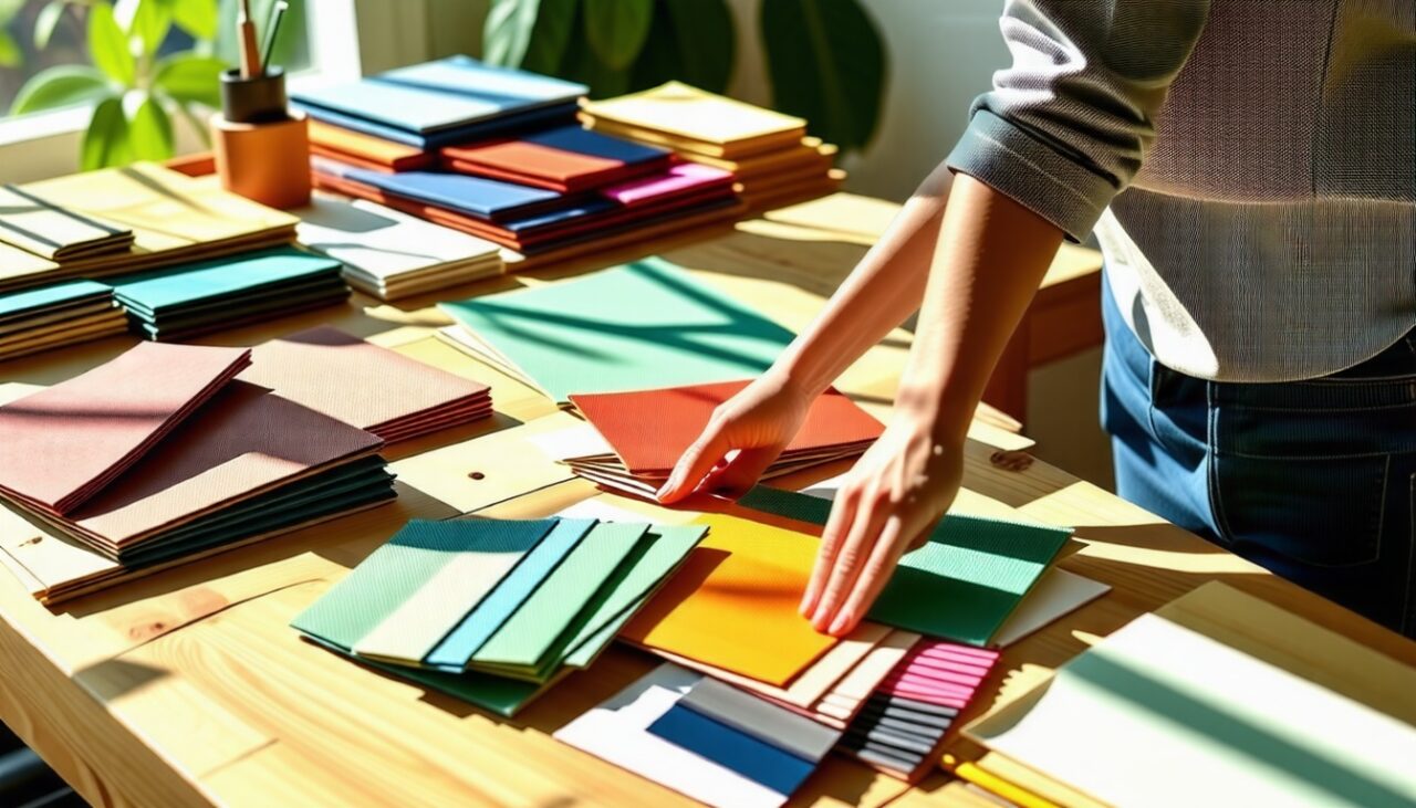 Un designer disposant des &eacute;chantillons de mat&eacute;riaux sur une grande table en bois, avec des &eacute;chantillons de tissus color&eacute;s, dans un espace bien &eacute;clair&eacute; par la lumi&egrave;re naturelle.
