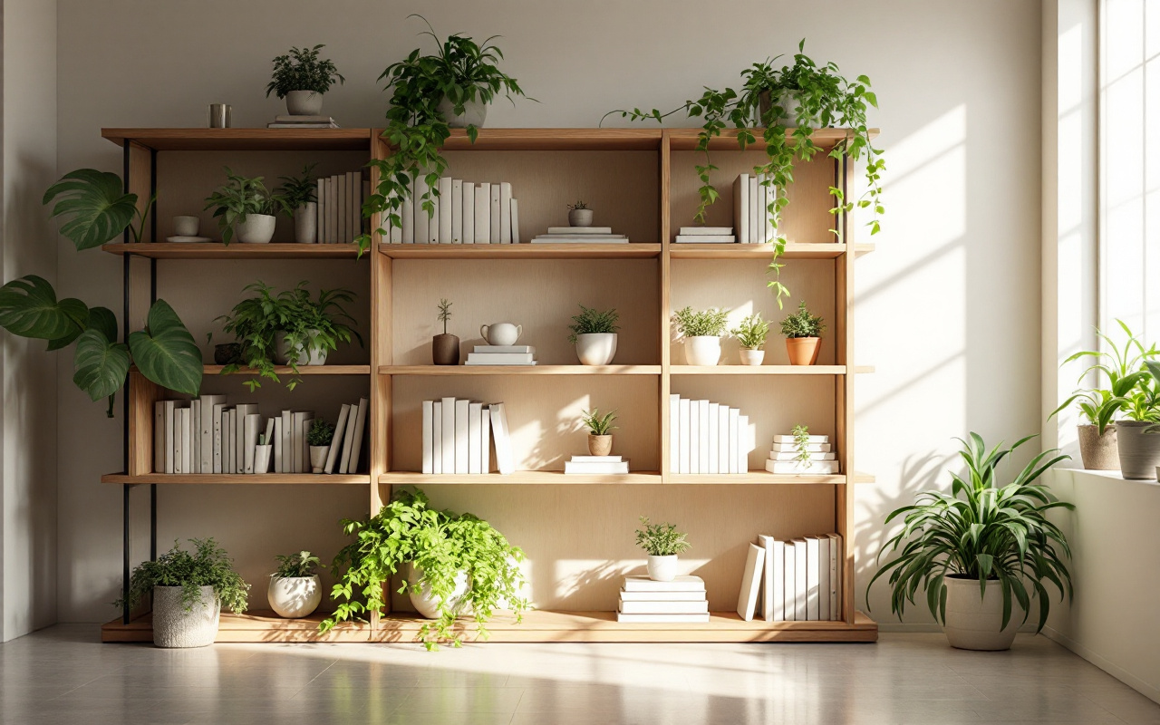 Une biblioth&egrave;que minimaliste &eacute;l&eacute;gante avec des plantes, caract&eacute;ris&eacute;e par des lignes &eacute;pur&eacute;es, une texture en bois doux et une lumi&egrave;re naturelle brillante, cr&eacute;ant une atmosph&egrave;re chaleureuse et accueillante.