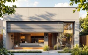 Façade d'une maison moderne avec volets roulants intégrés, grandes baies vitrées, finitions en gris neutre et bois chaud, aménagement minimal, lumière du jour douce créant ombres réalistes.