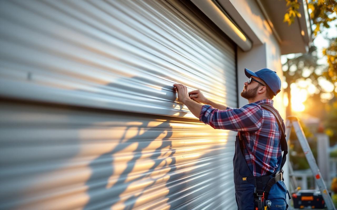 Un technicien en tenue de travail ajuste le caisson d'un volet roulant extérieur fixé au mur d'une maison, debout sur une échelle avec une boîte à outils à portée de main, éclairage doux de coucher de soleil, tons chauds et gris.