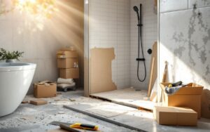 Salle de bain moderne en cours de rénovation, mur de douche partiellement carrelé, sol nu avec poussière, cartons de carreaux et outils (découpe-carreaux, truelle, seau) éparpillés, lumière naturelle volumétrique chaude, tons blancs, gris et beige.