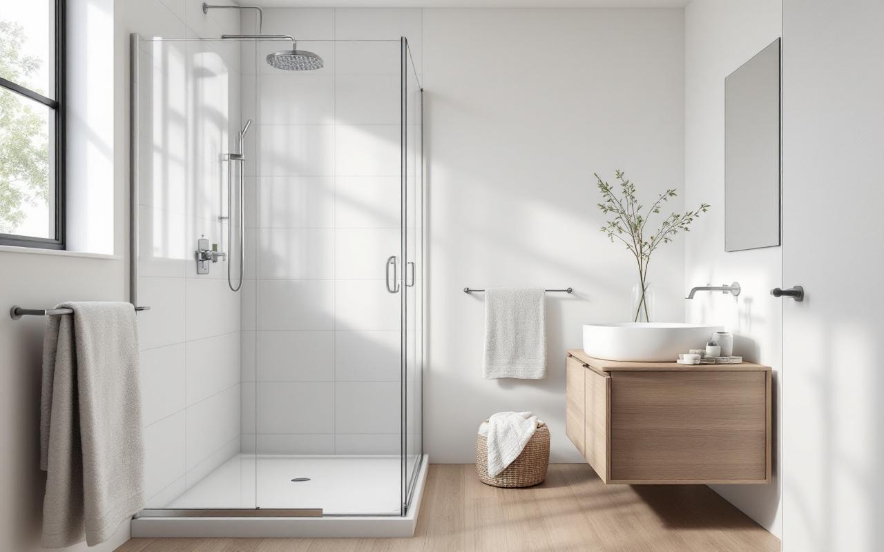 Petite salle de bain contemporaine avec douche à l'italienne et meuble-vasque élégant, palette blanche et grise avec accents en bois, lumière volumétrique douce filtrant par une fenêtre, ambiance lumineuse et épurée.