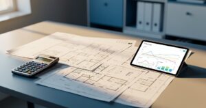 Bureau d'architecte avec plans électriques et calculatrice pour estimer la consommation