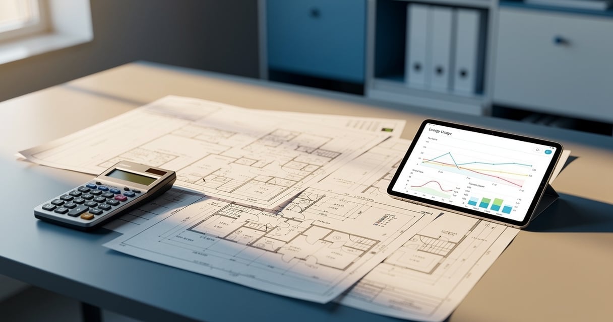 Bureau d'architecte avec plans électriques et calculatrice pour estimer la consommation