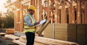 Architecte sur un chantier examinant des panneaux d'isolation en fibre de bois