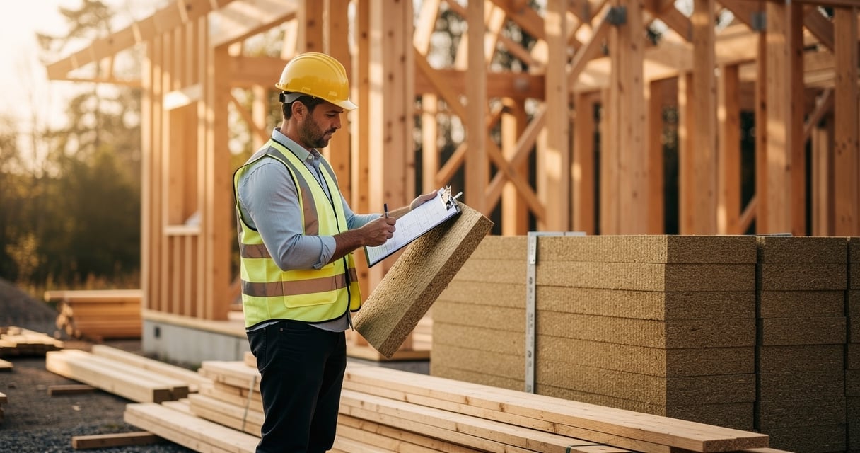Architecte sur un chantier examinant des panneaux d'isolation en fibre de bois
