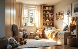 Chambre partagée d’enfants lumineuse et chaleureuse, avec des rangements intégrés bien organisés pour les jouets et les livres.