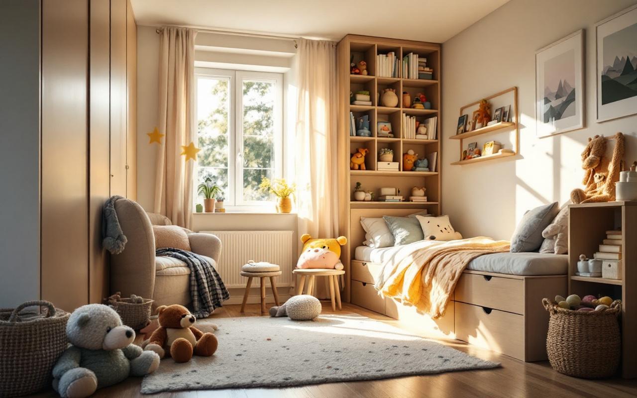 Chambre partagée d’enfants lumineuse et chaleureuse, avec des rangements intégrés bien organisés pour les jouets et les livres.