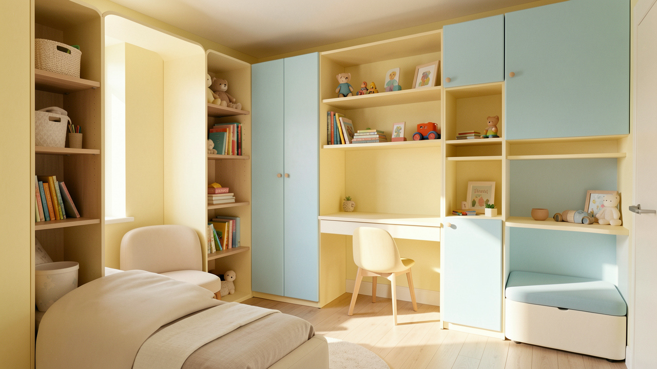 Chambre lumineuse et partagée pour enfants, rangements intégrés, bureau compact intégré au mur, ambiance sûre et fonctionnelle, sol en bois clair et décoration apaisante.