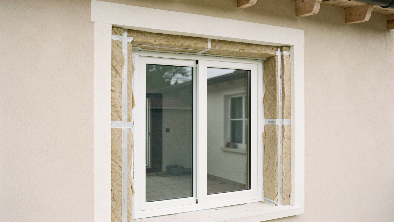 Détail d’une porte-fenêtre récemment remplacée, avec l’isolation en laine minérale posée autour du dormant et les raccords d’étanchéité visibles.