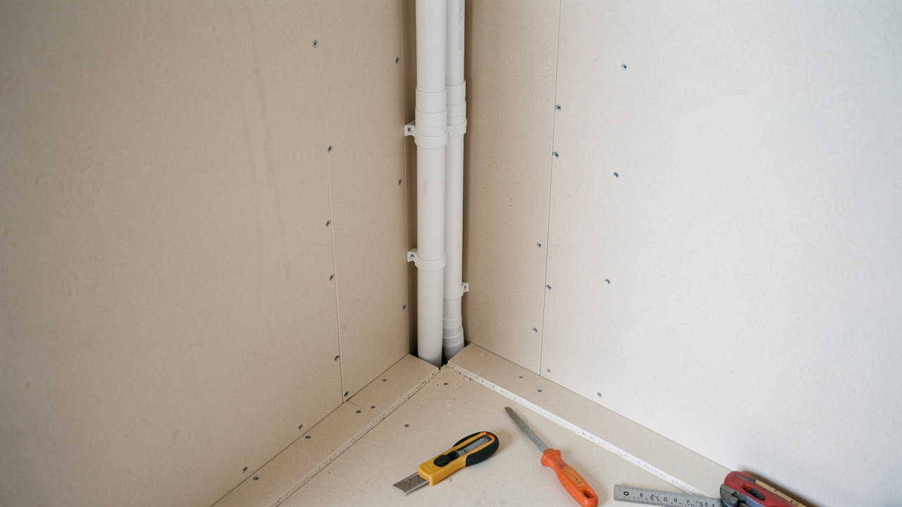 Angle intérieur étroit avec des tuyaux dissimulés dans un coffrage en plaques de plâtre sans rail métallique visible.