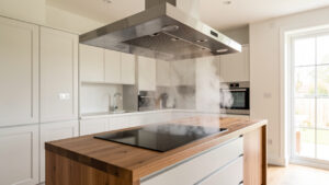 Cuisine ouverte moderne avec une hotte aspirante sans conduit installée au-dessus d’une plaque de cuisson.