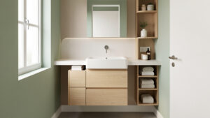 Petite salle de bain moderne avec un plan de travail compact en bois clair, vasque intégrée et rangements astucieux.
