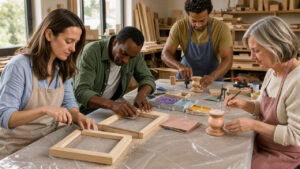 Deux femmes et deux hommes débutants fabriquent des cadres et des photophores sur de grandes tables protégées dans un atelier de bricolage lumineux.